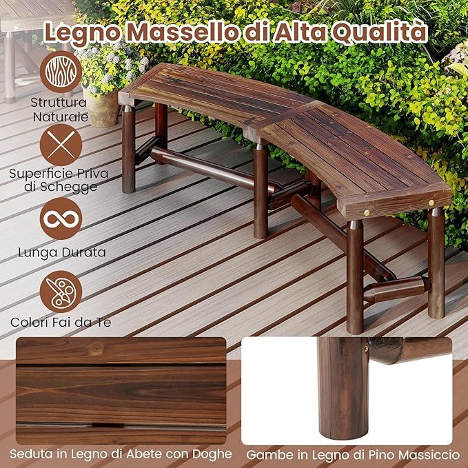 Panchina Curva da Patio, Panchina di Legno Massello per 2-3 Persone, Panca da Fuoco Senza Schienale per Esterni, Giardino e Bordo Piscina, Portata 360 kg (Marrone)