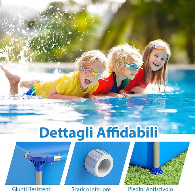 Piscina Fuori Terra, Piscina Pieghevole e Rettangolare da Esterno per Bambini 3+ Anni con Struttura Metallica, Pareti in PVC Robusto, per Cortile, 228 x 159 x 42 cm