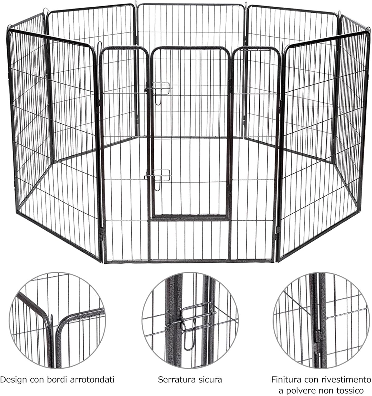 Recinto per Cani da Interno ed Esterno, Recinzione per Animali Domestici con 8 Pannelli di Metallo, Box per Cani, Gatti e Conigli, 80 x 100 cm