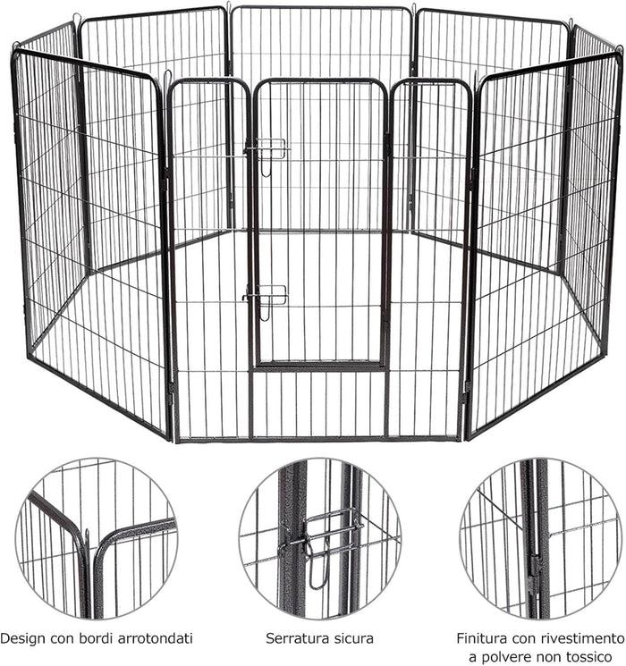 Recinto per Cani da Interno ed Esterno, Recinzione per Animali Domestici con 8 Pannelli di Metallo, Box per Cani, Gatti e Conigli, 80 x 100 cm