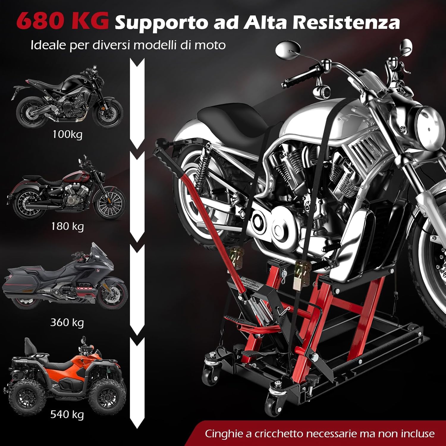 Ponte Sollevatore Idraulico per Moto, Sollevatore Motociclette Fino a 680 kg, Cric Alzamoto con Ruote e Piattaforma Regolabile in Altezza a Pedale Resistente per ATV, UTV per Officina (Rosso)