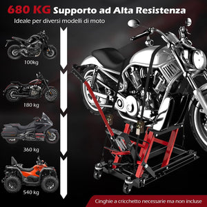 Ponte Sollevatore Idraulico per Moto, Sollevatore Motociclette Fino a 680 kg, Cric Alzamoto con Ruote e Piattaforma Regolabile in Altezza a Pedale Resistente per ATV, UTV per Officina (Rosso)