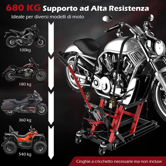 Ponte Sollevatore Idraulico per Moto, Sollevatore Motociclette Fino a 680 kg, Cric Alzamoto con Ruote e Piattaforma Regolabile in Altezza a Pedale Resistente per ATV, UTV per Officina (Rosso)
