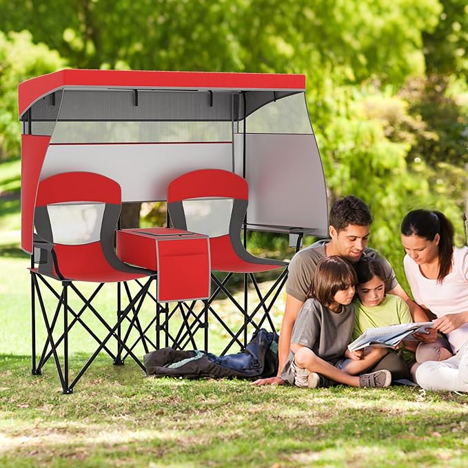 Sedia Spiaggia a Doppio, Sedia da Campeggio con Tettoia Regolabile, Poltrona Loveseat per 2 Persone, con Borsa da Trasporto, Borsa Termica, per Giardino Picnic, Portata 300 kg (Rosso)