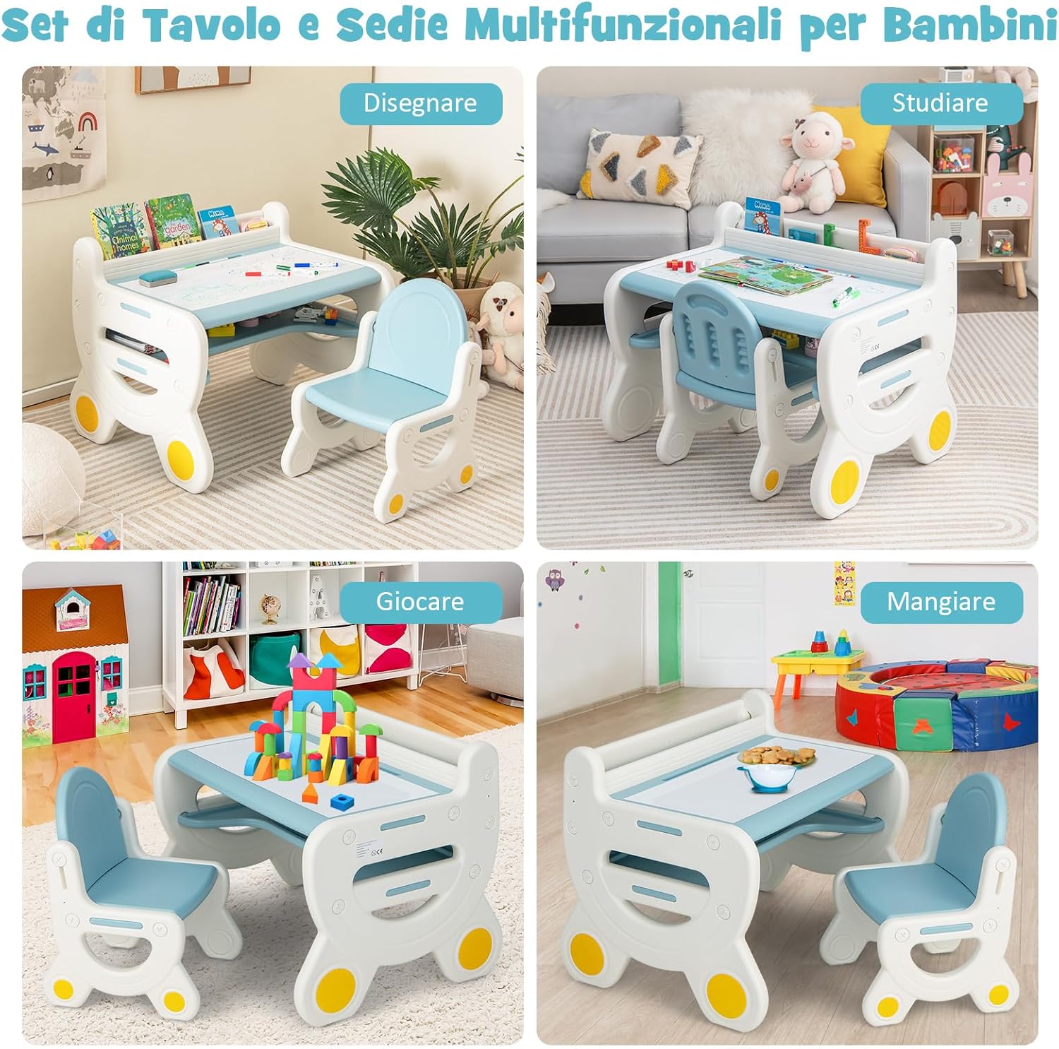 Set Tavolo e sedia per Bambini, Tavolo per Bambini con Sedia, Tavolo da Disegno Cancellabile e Ripiano, per Disegnare, Leggere, Giocare, Ideale per Bambini 3-8 Anni (Blu)