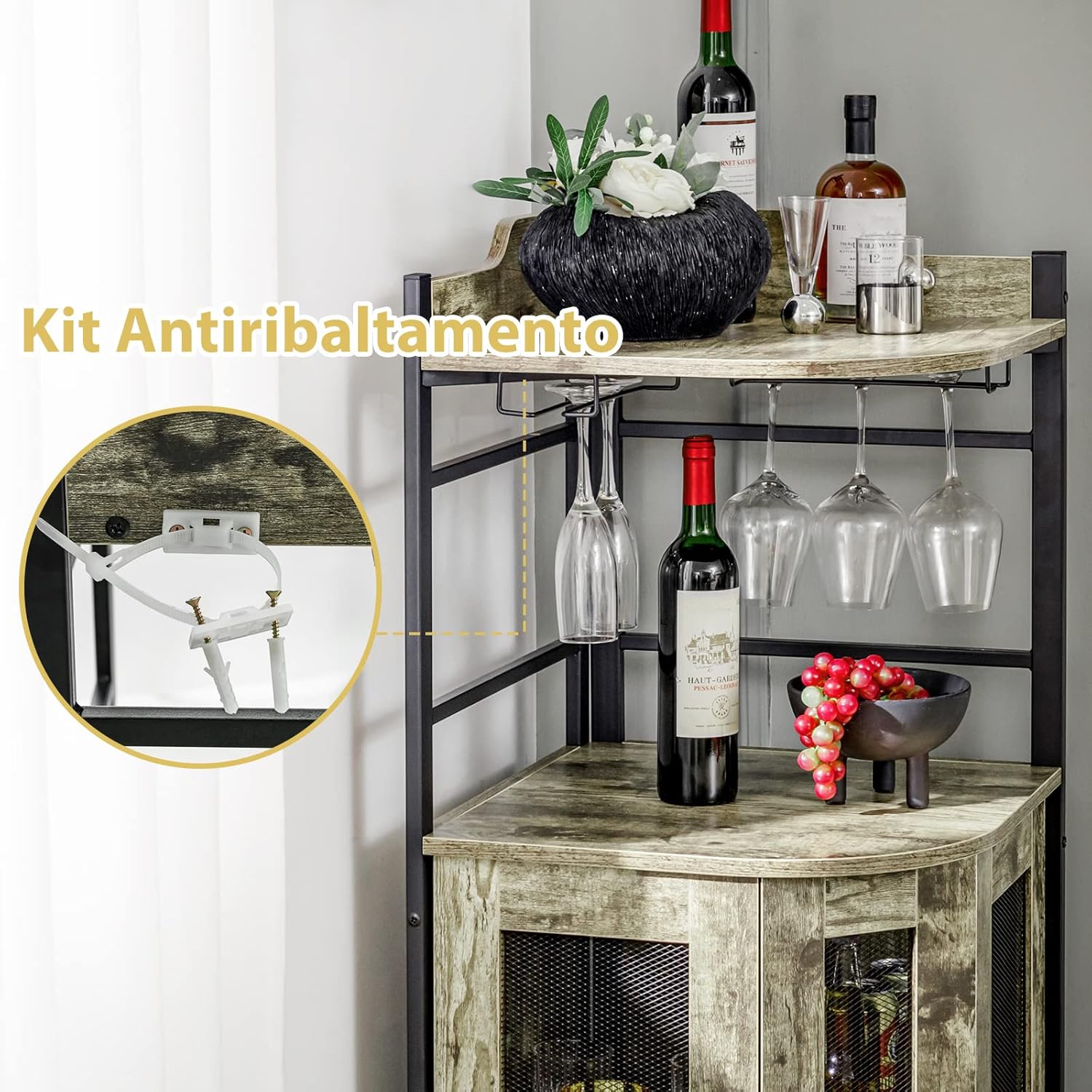 Mobile Bar Angolare, Mobiletto Multiuso con Porta Bicchieri, 2 Porte Ventilate in Rete Metallica e Ripiano Regolabile, per Cucina, Sala da Pranzo e Soggiorno (Marrone Rustico)