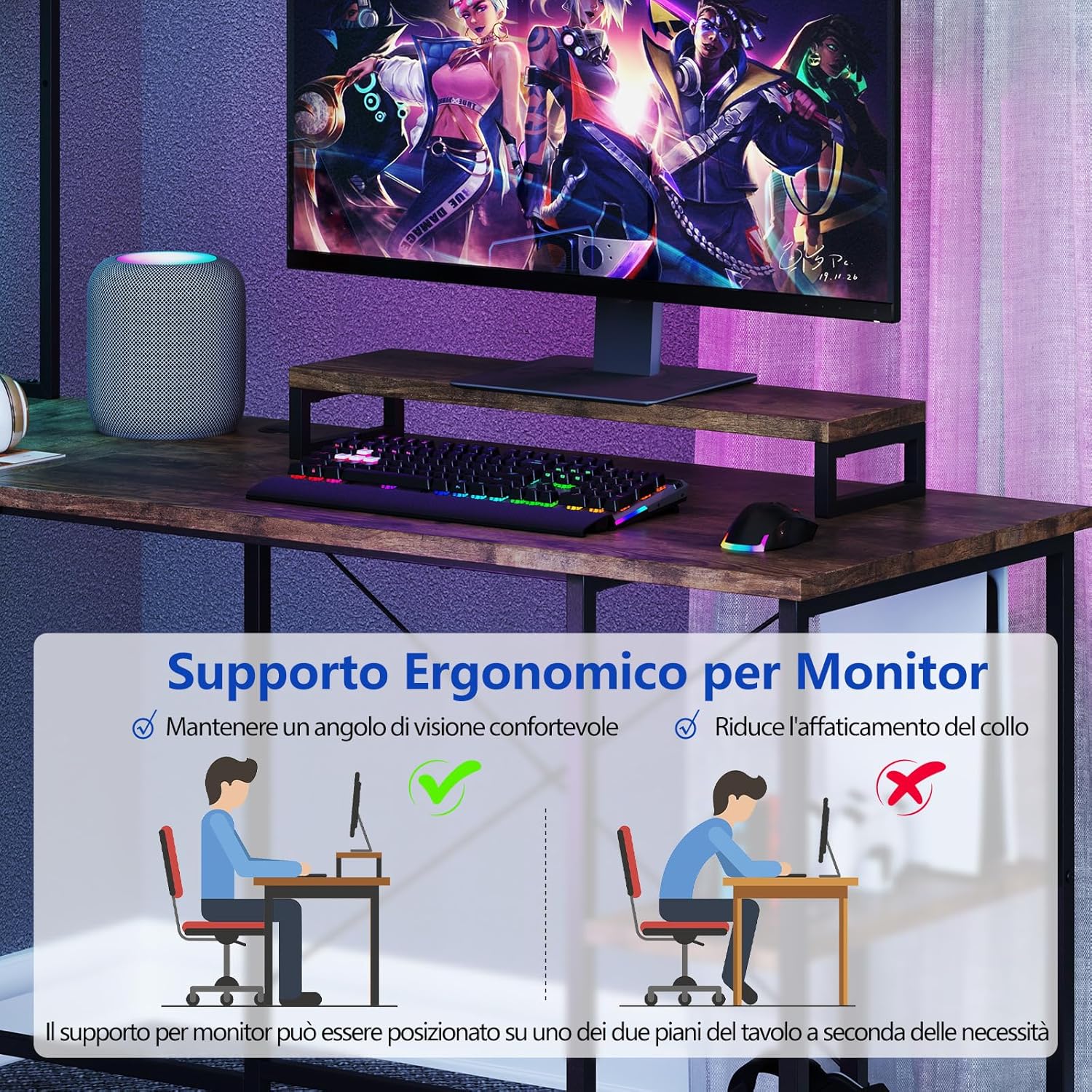 Scrivania per Computer a Forma di L, Tavolo da Gioco con Scaffale Regolabile, Gancio, Supporto per CPU, Striscia LED, Telecomando e Prese di Corrente, Desk per Studiare e Lavorare (Marrone)