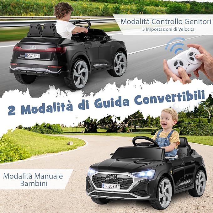 12V Audi Auto Elettrica per Bambini, Veicolo Elettrico con Telecomando Clacson Luci LED Musica, 3 Velocità 3-5 Km/h, Avvio Morbido, Auto per Bambini 3 Anni+ (Nero)