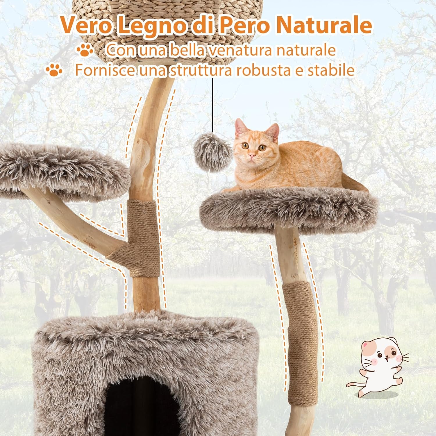 Albero per Gatti in Legno di Pero 105cm, Torre per Gatti con Tiragraffi in Sisal, Piattaforme e Pallina Pendente, Cuccia per Animali Domestici