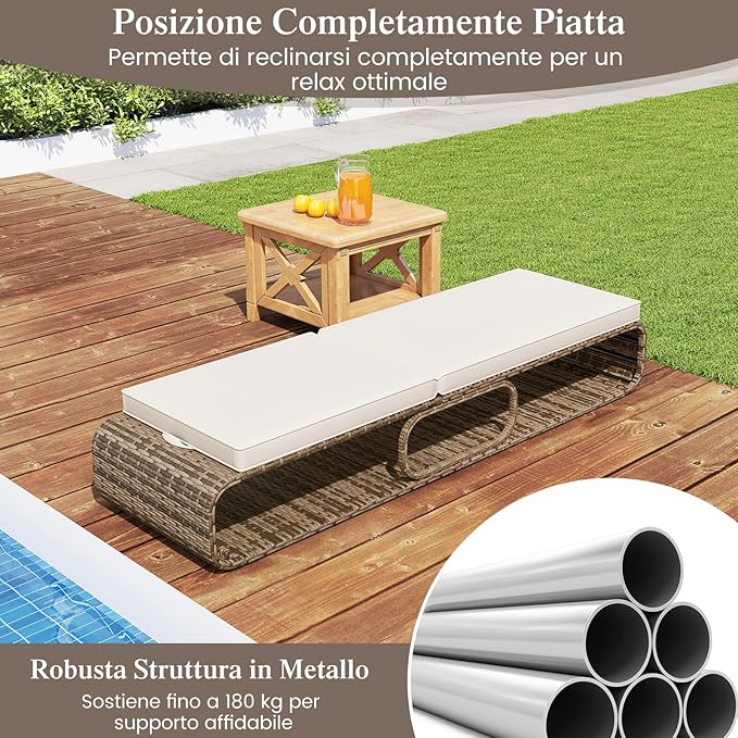 Lettino Prendisole Relax, Sedia in Rattan PE con Schienale Regolabile a 7 Posizioni, Cuscino Morbido e Spazio di Stoccaggio, Sedia a Sdraio per Piscina, Giardino e Cortile, Portata 180 kg