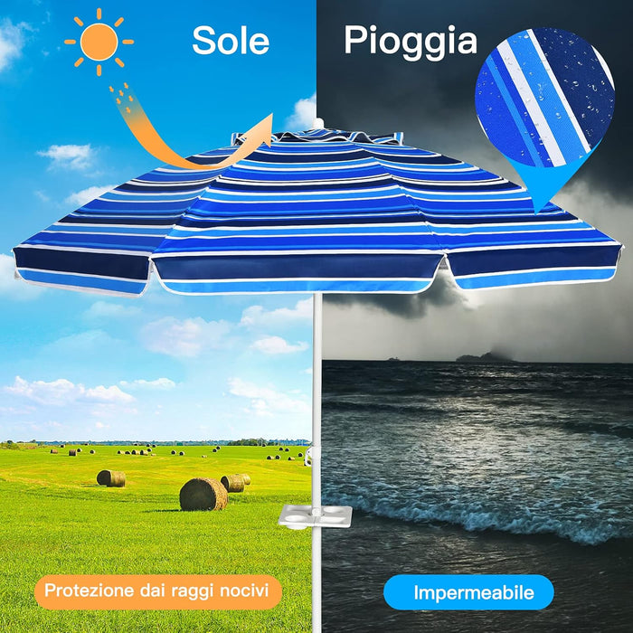 Ombrellone da Spiaggia 200 x 220 cm, Ombrellone da Mare con Inclinazione Regolabile, con Vassoio, 8 Stecche, Protezione UV, Impermeabile, Borsa di Trasporto (Blu Navy)