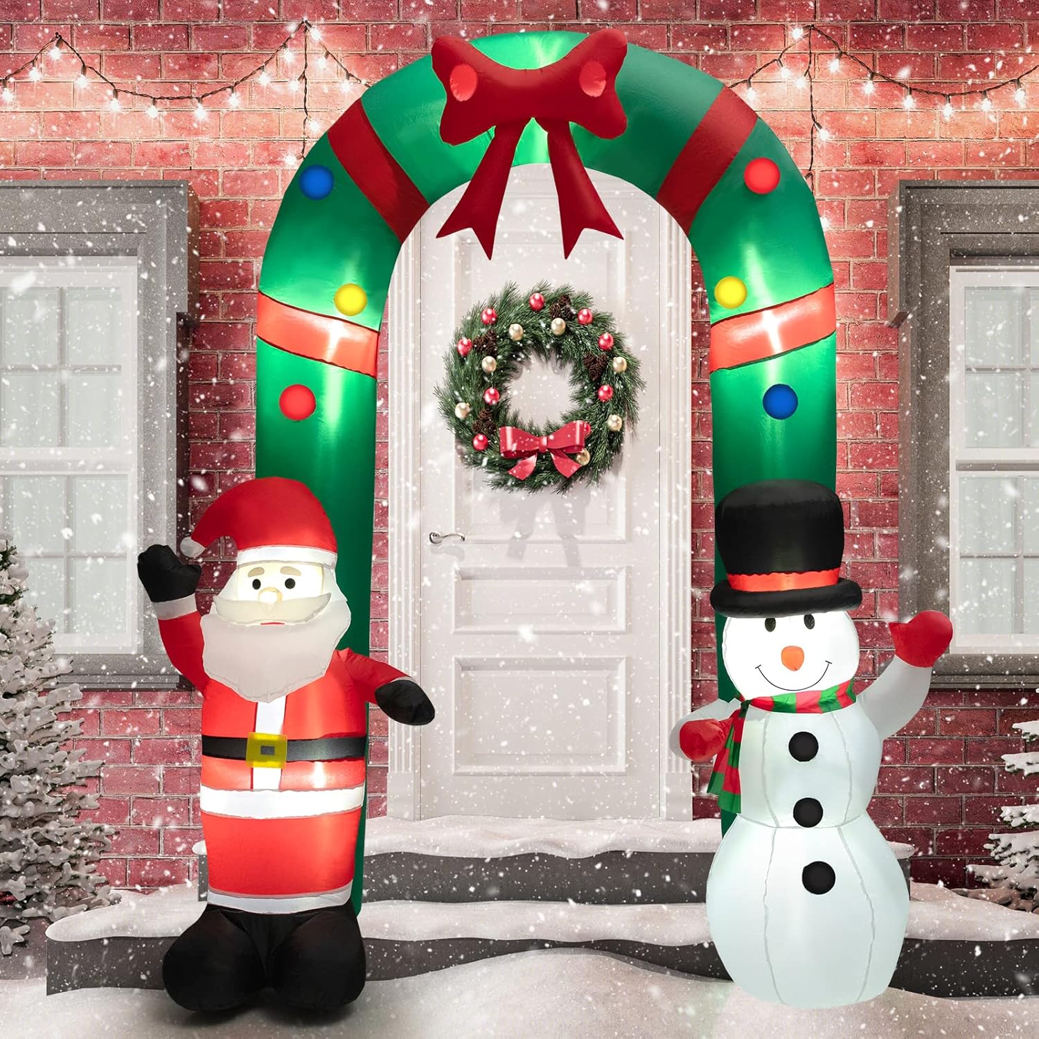 Arco di Natale Gonfiabile 245 cm, Decorazione Gonfiabile da Esterno con Babbo Natale e Pupazzo di Neve, con Luci LED Brillanti e Soffiatore Integrato, Decorazione di Benvenuto per Festa