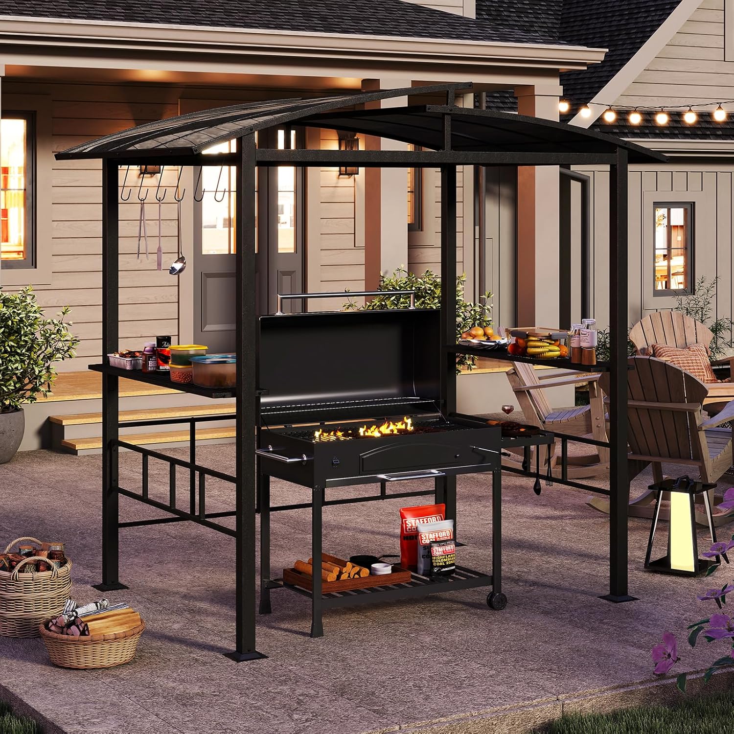 Gazebo Barbecue 248 x 150 x 232 cm, Gazebo con Struttra in Metallo con Tetto in Policarbonato Ventilato, Mesnole Laterali e Ganci, Tenda per Giardino, Patio e Cortile