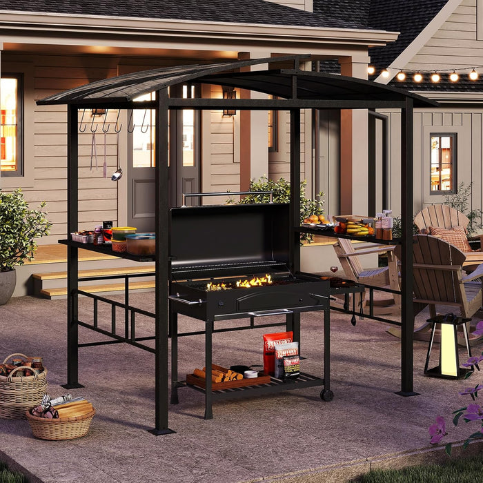 Gazebo Barbecue 248 x 150 x 232 cm, Gazebo con Struttra in Metallo con Tetto in Policarbonato Ventilato, Mesnole Laterali e Ganci, Tenda per Giardino, Patio e Cortile