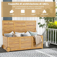Baule da Esterno con Ruote 182 L, Contenitore da Giardino con Maniglia Laterale, Panca Contenitore in Legno, per Interni e Esterni, 127 x 50 x 45 cm