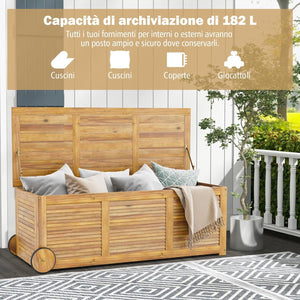 Baule da Esterno con Ruote 182 L, Contenitore da Giardino con Maniglia Laterale, Panca Contenitore in Legno, per Interni e Esterni, 127 x 50 x 45 cm