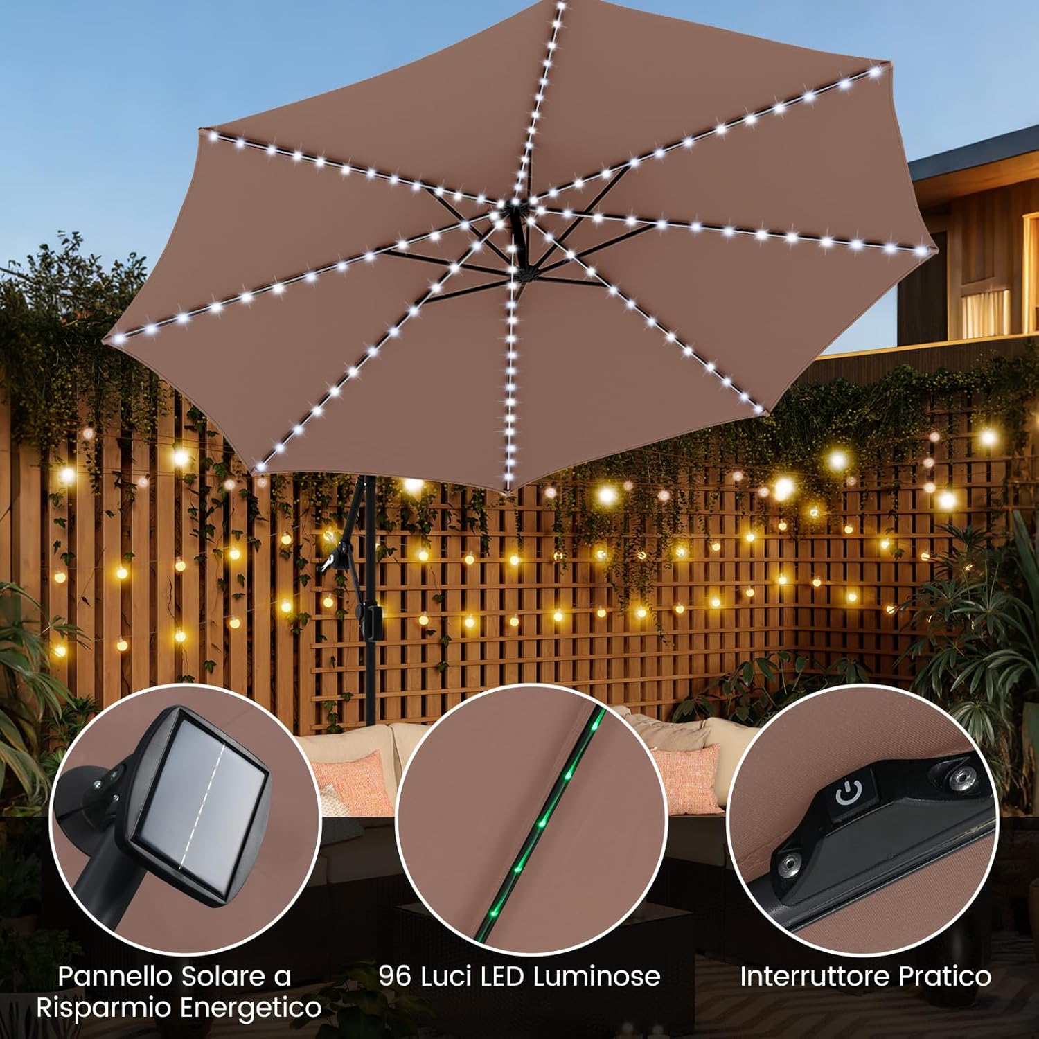 Ombrellone da Giardino 290 cm, con 96 Luci LED, Ombrellone Esterno con Base, Inclinazione Regolabile, Rotazione a 360°, Manovella, Parasole da Giardino (Marrone)