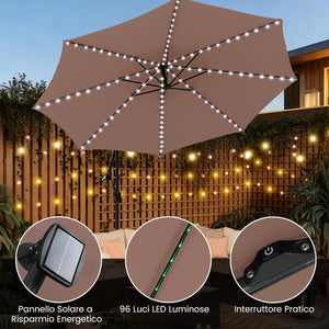 Ombrellone da Giardino 290 cm, con 96 Luci LED, Ombrellone Esterno con Base, Inclinazione Regolabile, Rotazione a 360°, Manovella, Parasole da Giardino (Marrone)