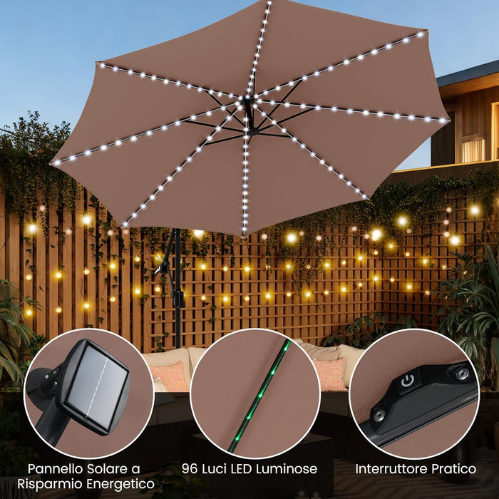 Ombrellone da Giardino 290 cm, con 96 Luci LED, Ombrellone Esterno con Base, Inclinazione Regolabile, Rotazione a 360°, Manovella, Parasole da Giardino (Marrone)