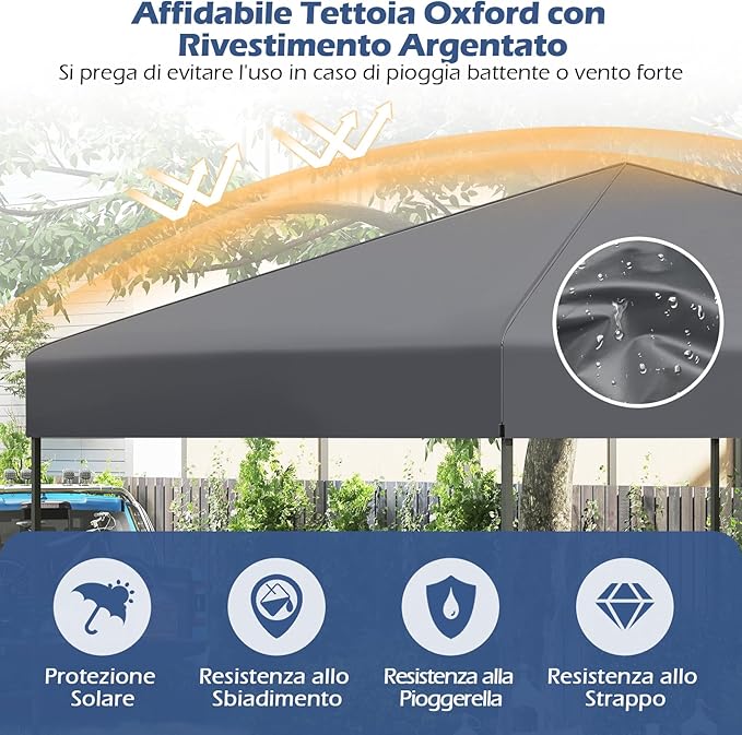 Gazebo Pop-up da Esterno 295 x 295 cm, Gazebo Pieghevole con Borsa da Trasporto, 8 Picchetti, 4 Corde Antivento, 3 Altezze Regolabili, Ideale per Feste, Barbecue, Giardino, Spiaggia (Grigio)