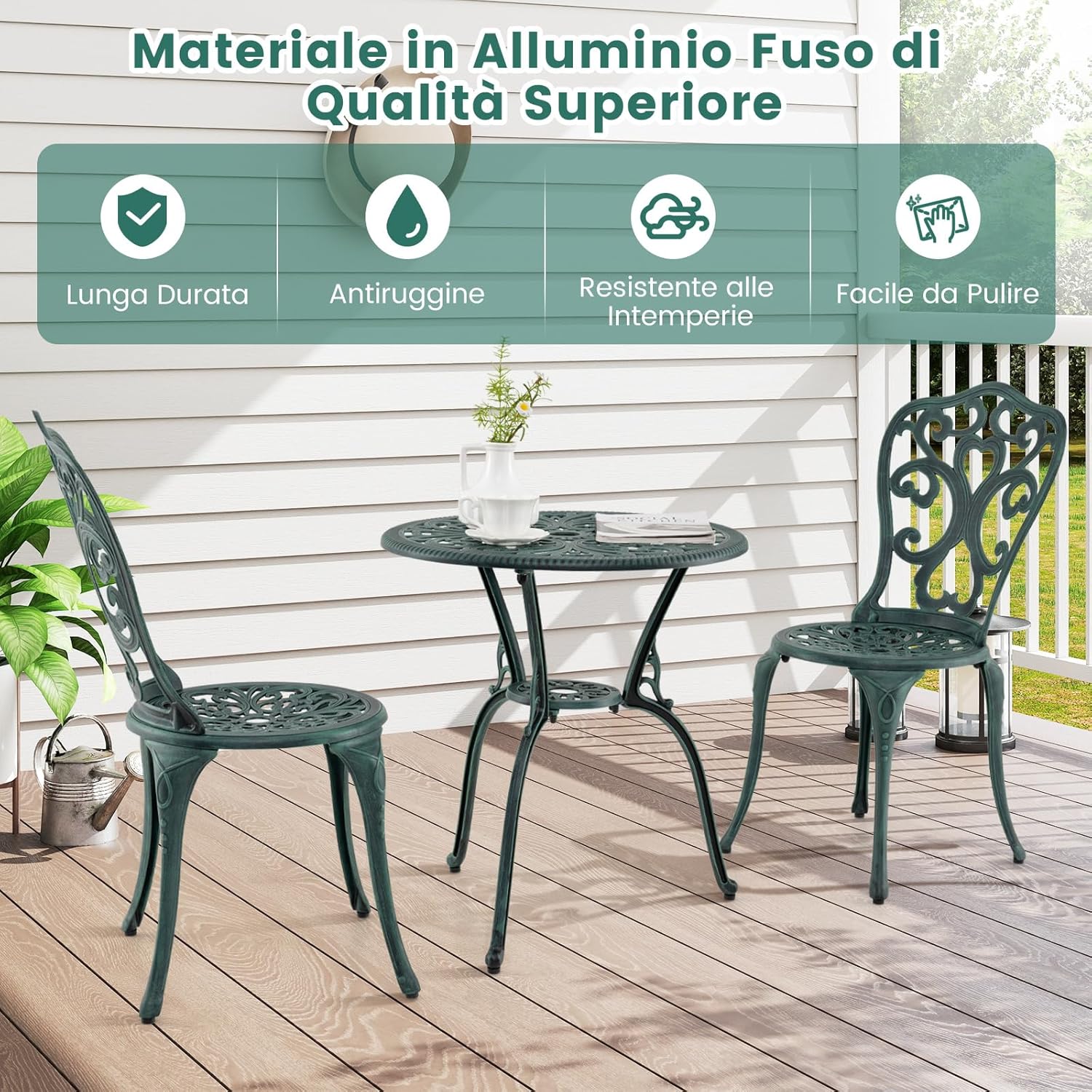 Set da Bistro da Patio a 3 Pezzi, Sedie e Tavolo in Alluminio con Foro per Ombrello, Set da Bistro da Esterno per Veranda, Giardino e Piscina (Verde)