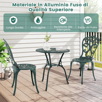 Set da Bistro da Patio a 3 Pezzi, Sedie e Tavolo in Alluminio con Foro per Ombrello, Set da Bistro da Esterno per Veranda, Giardino e Piscina (Verde)