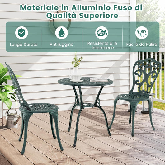 Set da Bistro da Patio a 3 Pezzi, Sedie e Tavolo in Alluminio con Foro per Ombrello, Set da Bistro da Esterno per Veranda, Giardino e Piscina (Verde)