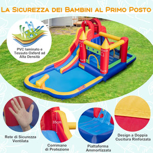 Castello Gonfiabile, Casa Gonfiabile con Scivolo, Piscina, Parete da Arrampicata, Trampolino e Cannone d'Acqua, con ventilatore, per Bambini di 3-10 Anni, 624 x 270 x 235 cm