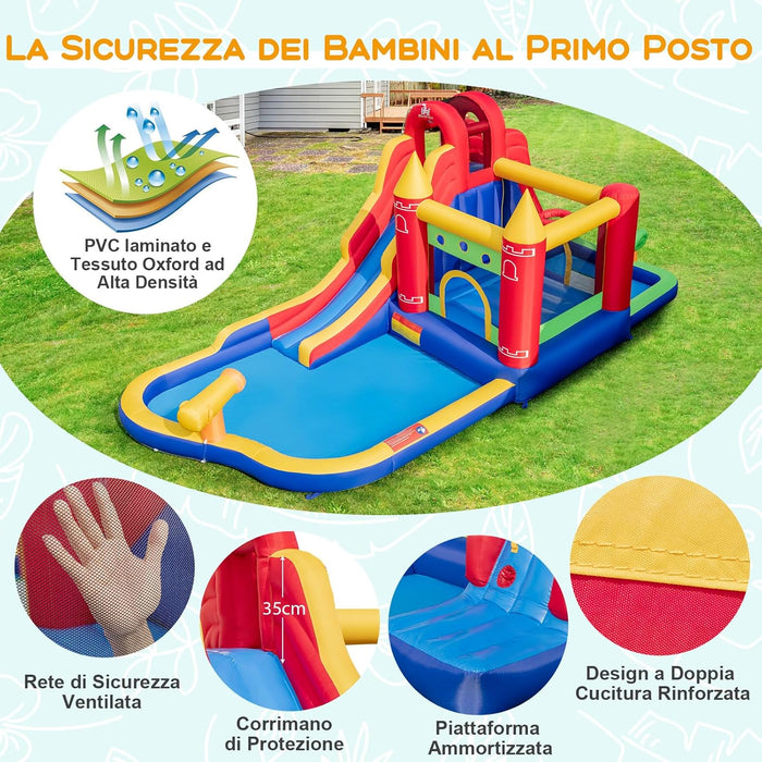 Castello Gonfiabile, Casa Gonfiabile con Scivolo, Piscina, Parete da Arrampicata, Trampolino e Cannone d'Acqua, con ventilatore, per Bambini di 3-10 Anni, 624 x 270 x 235 cm