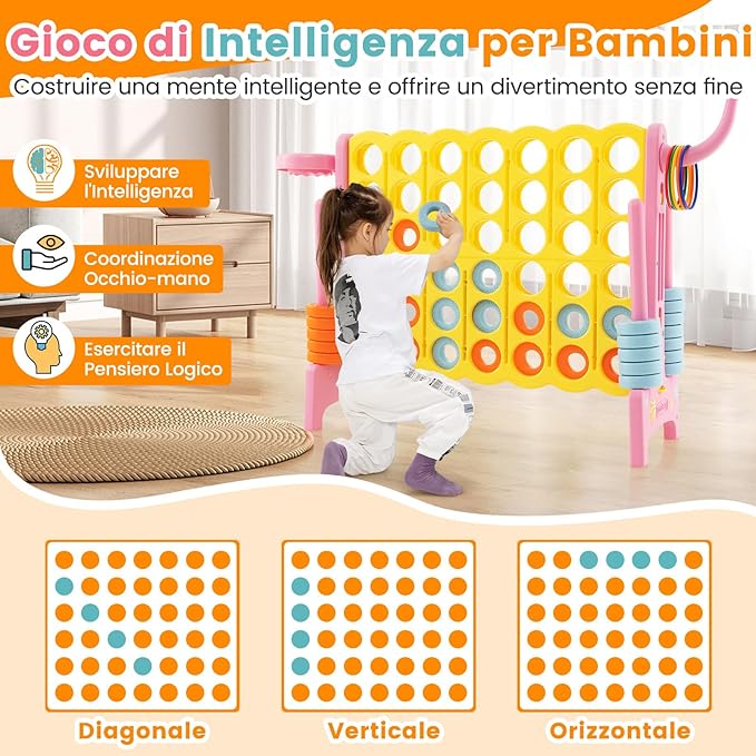 Forza 4 Gigante, Forza Quattro per Bambini con Canestro, Palla, 5 Anelli e 42 Piedine, Giochi Educativi da Esterno ed Interno per Vacanze e Feste, Ideale per Bambini +3 Anni