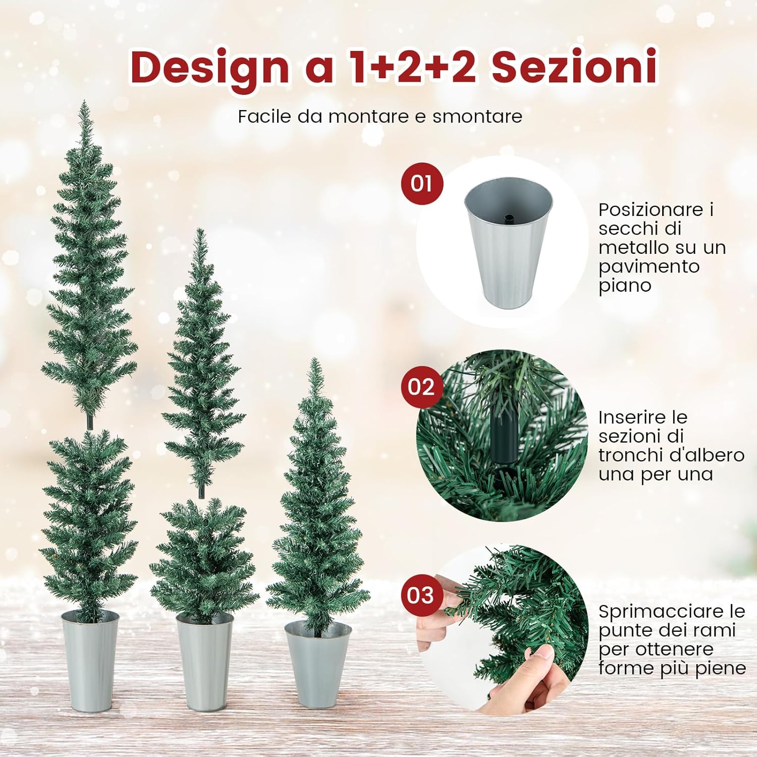 Set di 3 Alberi di Natale Artificiali da 90 CM + 120 CM + 150 CM, Alberi di Natale Slim con 120 + 140 + 160 Punte di Ramo e Basi in Metallo Riempite di Cemento, Decorazione Natalizia Interna