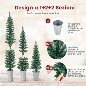 Set di 3 Alberi di Natale Artificiali da 90 CM + 120 CM + 150 CM, Alberi di Natale Slim con 120 + 140 + 160 Punte di Ramo e Basi in Metallo Riempite di Cemento, Decorazione Natalizia Interna