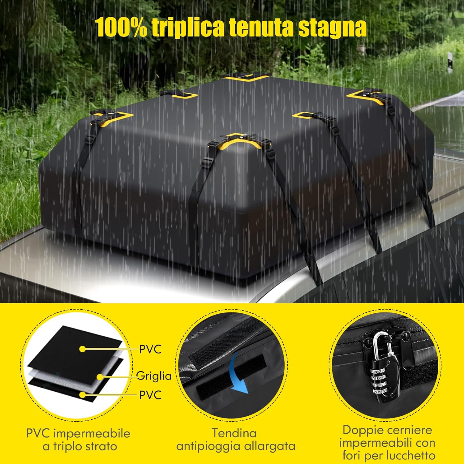 Borsa per Tetto Auto, Borsa Portapacchi Impermeabile per Tutti i Veicoli con/Senza Barre Portapacchi, con Tappetino Antiscivolo, Corda, Lucchetto e Ganci (100 x 130 x 43 cm)