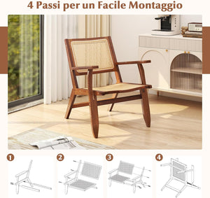Poltrona Lounge, Poltrona Ergonomica in Rettan e Bambù con Schienale e Braccioli, Portata 150 kg, Sedia Bohemien per Soggiorno, Camera da Letto e Studio