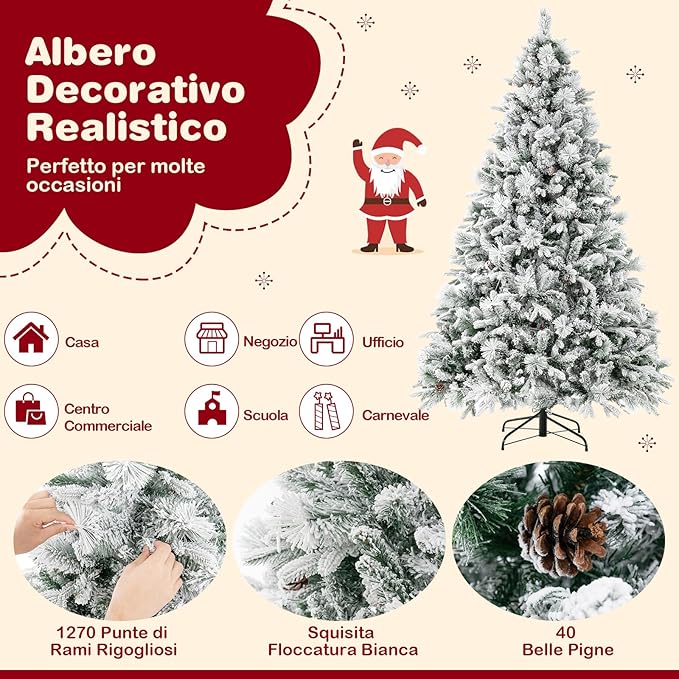 Albero di Natale Innevato 136/180/210 cm, Albero di Natale con 160/240/320 Luci LED, 472/850/1270 Rami di PE e PVC, 26/34/40 Pigne, Aghi di Pino e 8 Modalità di Illuminazione (210 CM)
