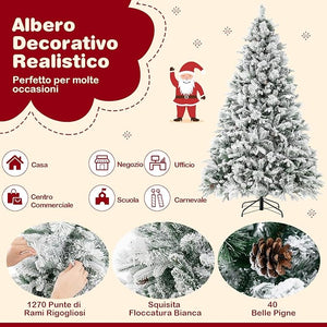 Albero di Natale Innevato 136/180/210 cm, Albero di Natale con 160/240/320 Luci LED, 472/850/1270 Rami di PE e PVC, 26/34/40 Pigne, Aghi di Pino e 8 Modalità di Illuminazione (210 CM)