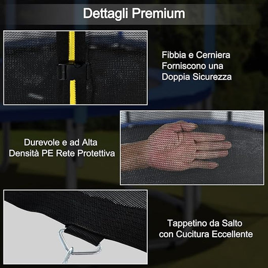 Tappeto Elastico per Bambini 244/305/366/427cm Certificato GS, Trampolino Elastico da Interno ed Esterno con Rete, Tubi Galvanizzati Antiruggine e Scala