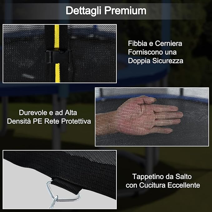 Tappeto Elastico per Bambini 244/305/366/427cm Certificato GS, Trampolino Elastico da Interno ed Esterno con Rete, Tubi Galvanizzati Antiruggine e Scala