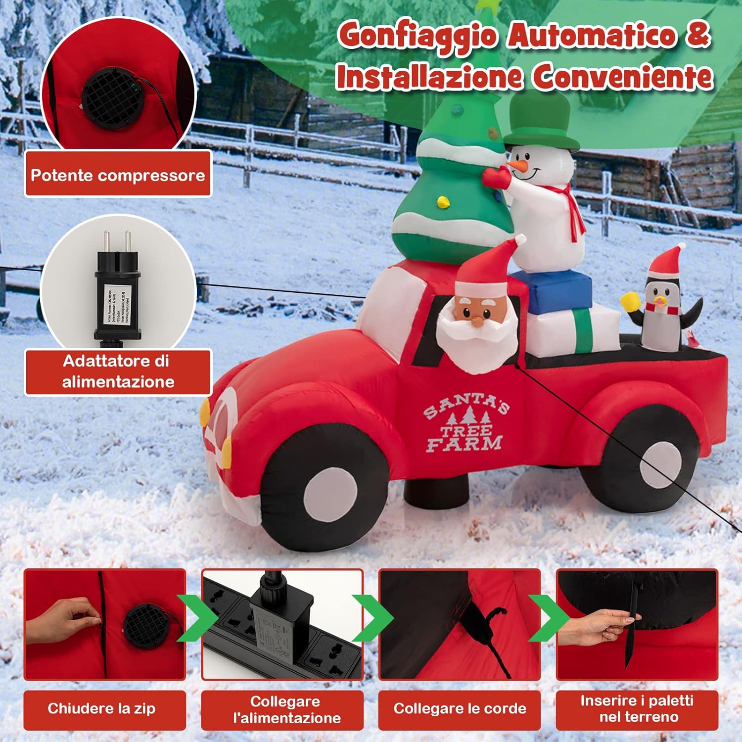 Decorazione Gonfiabile di Natale 240 cm, Gonfiabile di Babbo Natale con Pupazzo di Neve e Pinguino con LED e Soffiatore, per Prato, Casa, Festa