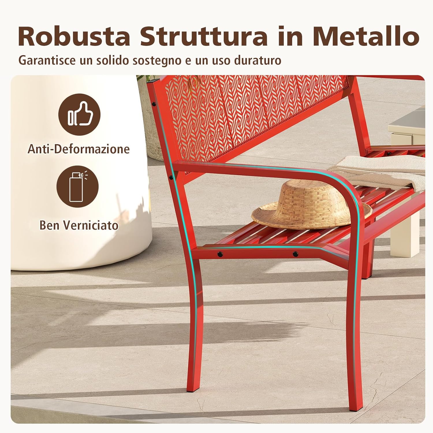 Panca da Esterno 2-3 Posti 128 cm, Panca in Metallo con Braccioli Curvi e Schienale alla Moda, Panchina Moderna in Metallo per Parco, Cortile e Giardino (Rosso, 128 x 60 x 86.5 cm)