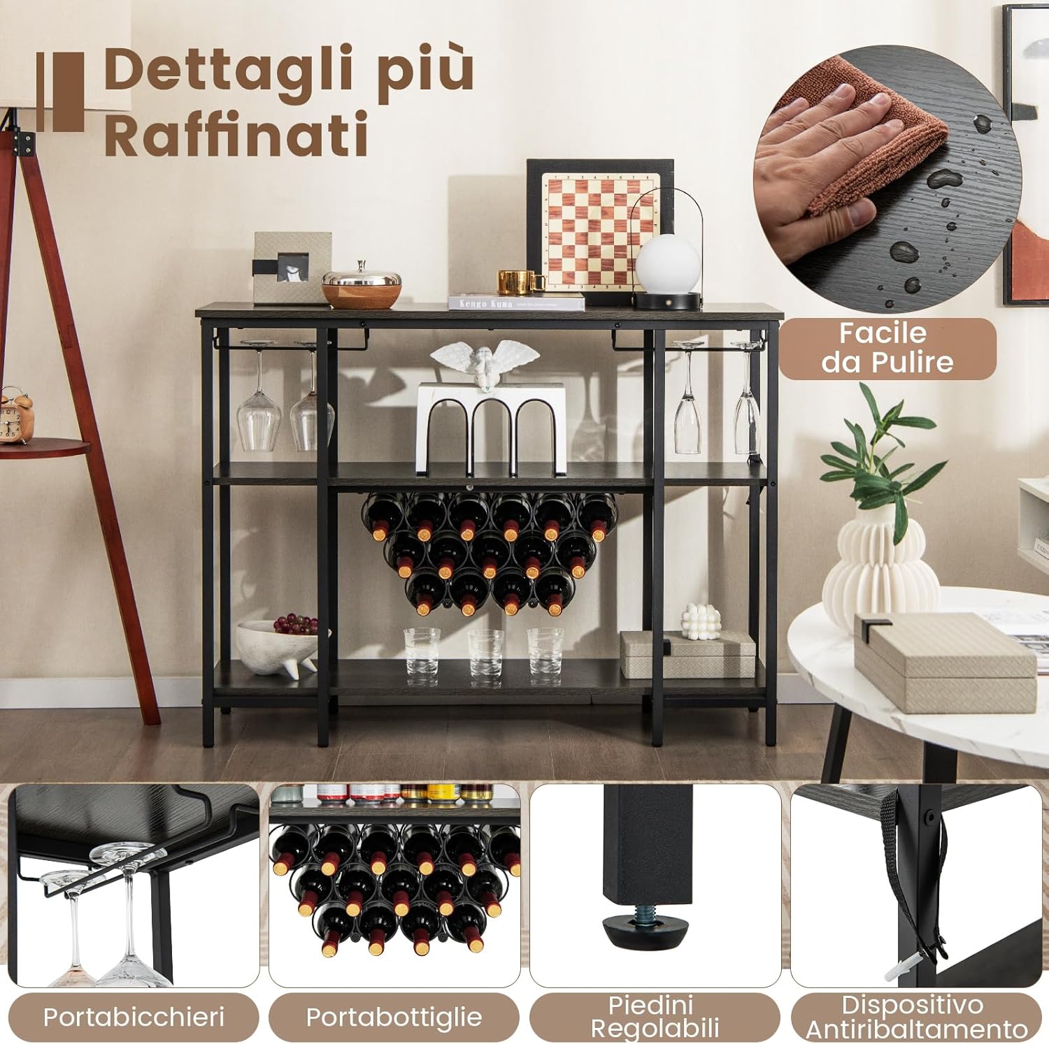 Mobile Bar Vino, Portabottiglie Industriale con 3 Ripiani, Porta Calici, Porte USB e Prese, Mobile Portabottiglie di Vino con Struttura in Metallo, 113 x 35 x 85 cm (Grigio)