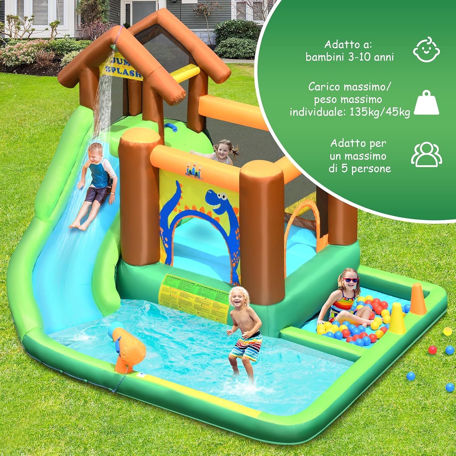Castello Gonfiabile per Bambini, Parco Acquatico con Scivolo per Bambini, Piscina Trampolino e Palline, con Borsa da Trasporto, per 5 Bambini 3-10 Anni (con Compressore)
