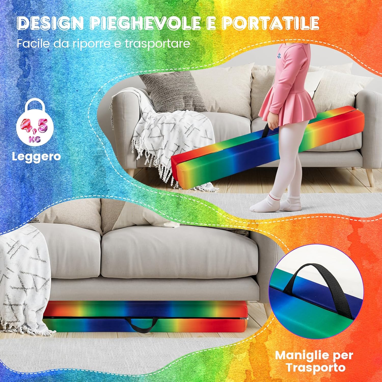 Trave Ginnastica Artistica per Casa 210/240 cm, Trave Pieghevole per Bambini con Maniglia, Base in Legno e Fondo Antiscivolo, Trave di Equilibrio da Pavimento