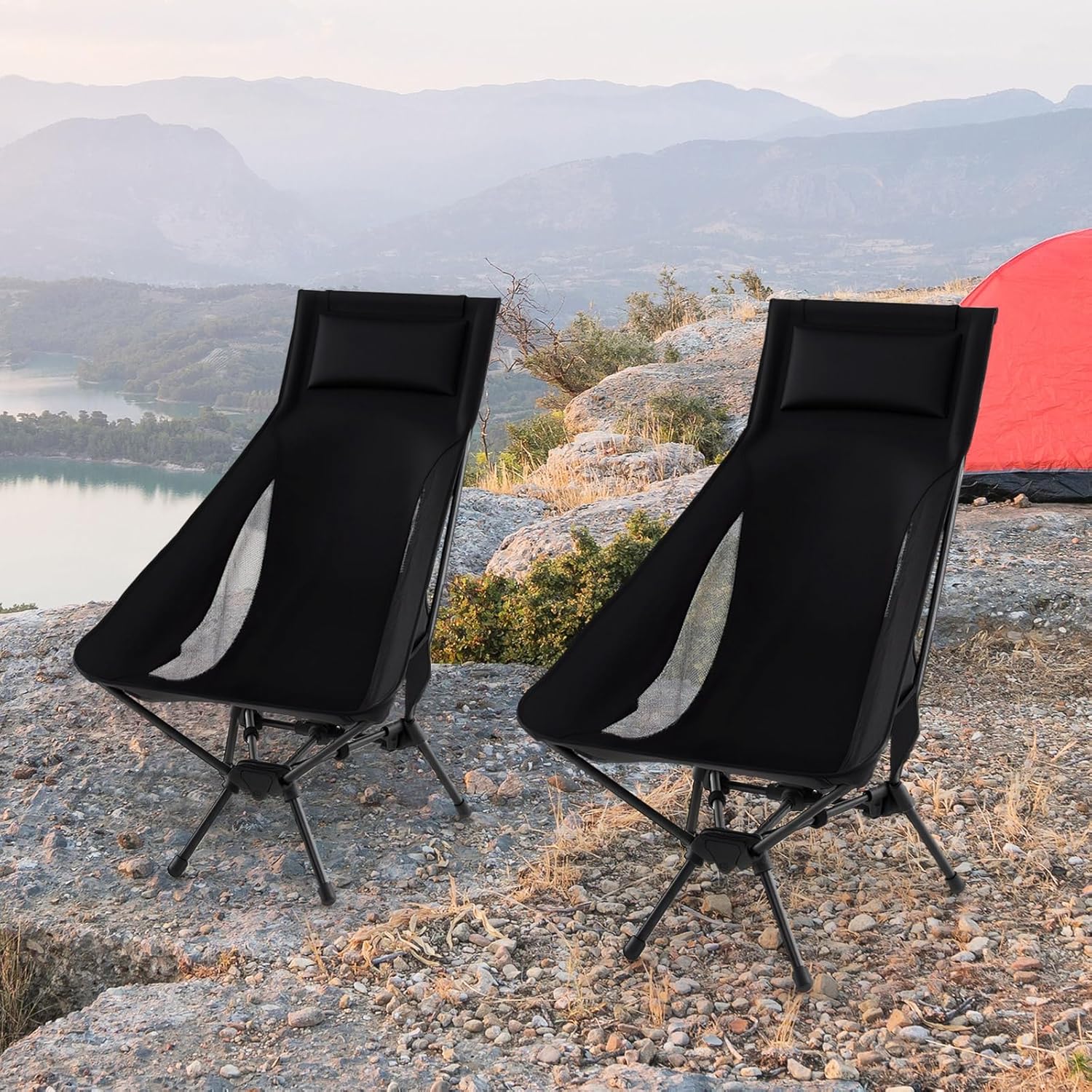 Sedia da Campeggio Portatile, Sedia Ergonomica Pieghevole da Zaino con Schienale Alto, Braccioli, Cusino e Borsa da Trasporto, Poltrona da Esterno per Spiaggia e Picnic, Portata 150 kg