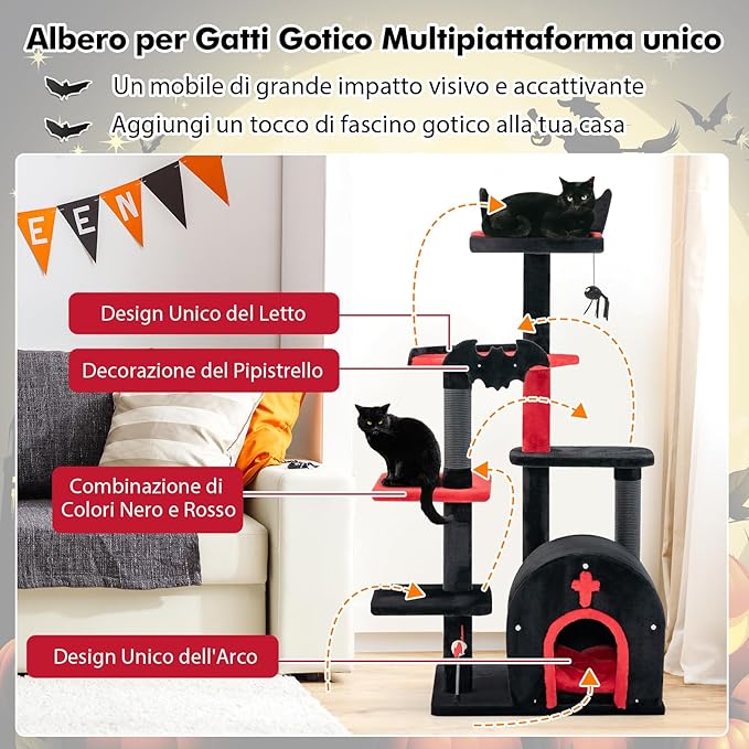 Albero per Gatti Gotico, Tiragraffi con Letto per Gatti, Condominio ad Arco, Pali, Pompom e Palline a Molla, Cat Tree di Halloween a 6 Livelli