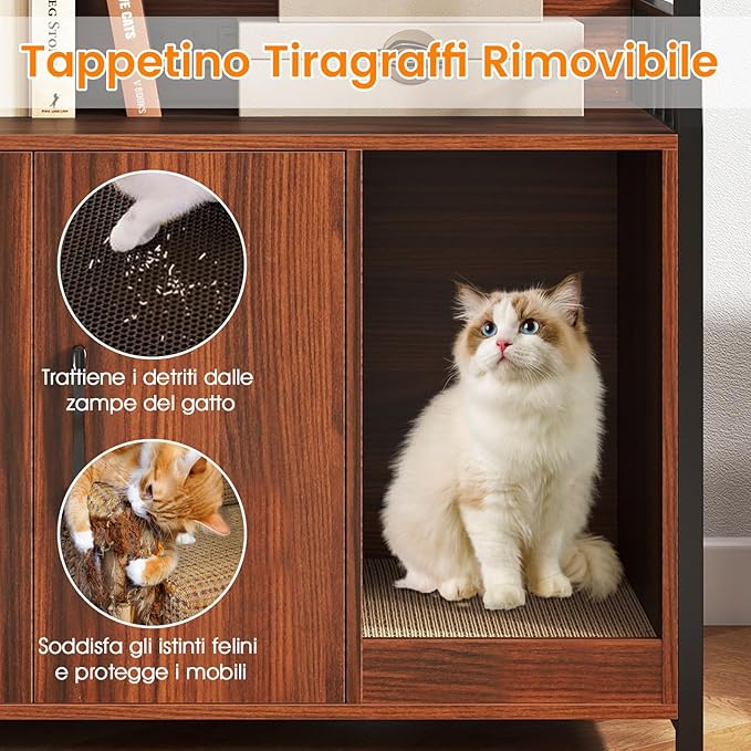 Mobile Lettiera per Gatti 80 x 40 x 132 cm, Credenza Soggiorno con Ripiani di Stoccaggio, Tiragraffi per Gatti, 2 Prese AC e Cuccia, Armadio Salvaspazio per Cuccia e Ingresso (Noce)