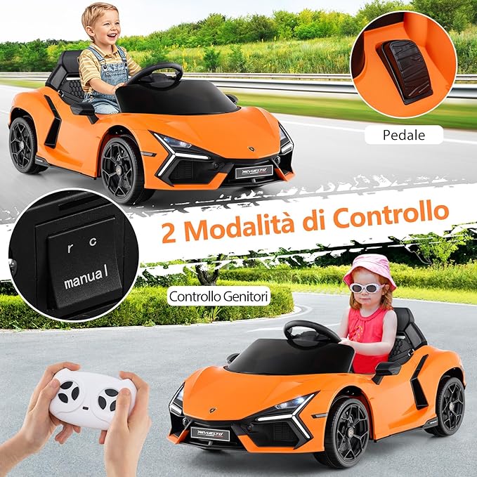 Lamborghini 12V Auto Elettrica per Bambini, Veicolo Elettrico Cavalcabile con Telecomando Luci LED Musica, 3-5 Km/h, per Bambini 37-95 Mesi (Arancia)