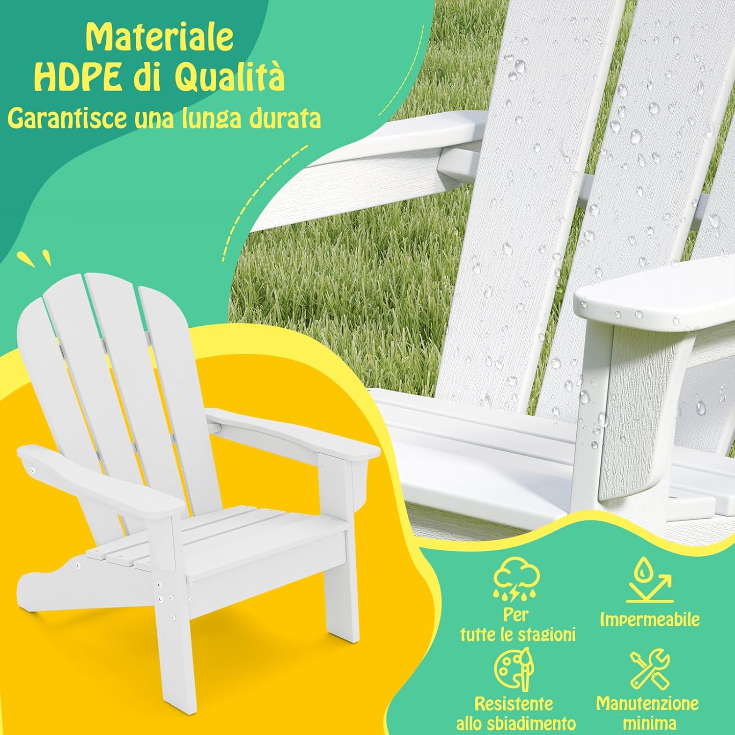 Sedia Adirondack per Bambini da Giardino, Sedie Ergonomica in HDPE con Schienale Inclinato e Braccioli, Poltrona per Interno ed Esterno, per Bambini 3 a 8 Anni, 52 x 53,5 x 64 cm (Bianco)
