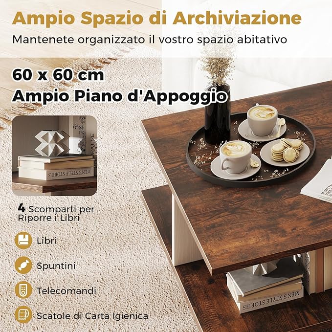 Tavolino da Caffè a 2 Livelli, Tavolo da Salotto con 4 Scomparti per Storage e Base a Croce, Tavolo Moderno per Studio, Ufficio e Soggiorno, Marrone e Bianco