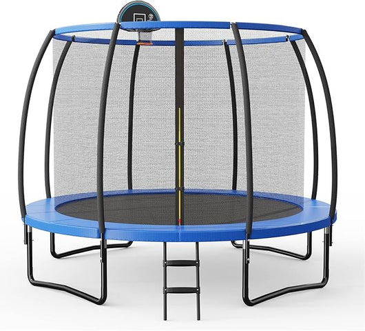 Trampolino Elastico per Bambini 245/333/367 cm Certificato GS, Tappeto Elastico con Rete, Anello da Basket, Scaletta con 2 Gradini, Palla da Basket e Pompa, Portata 100 kg